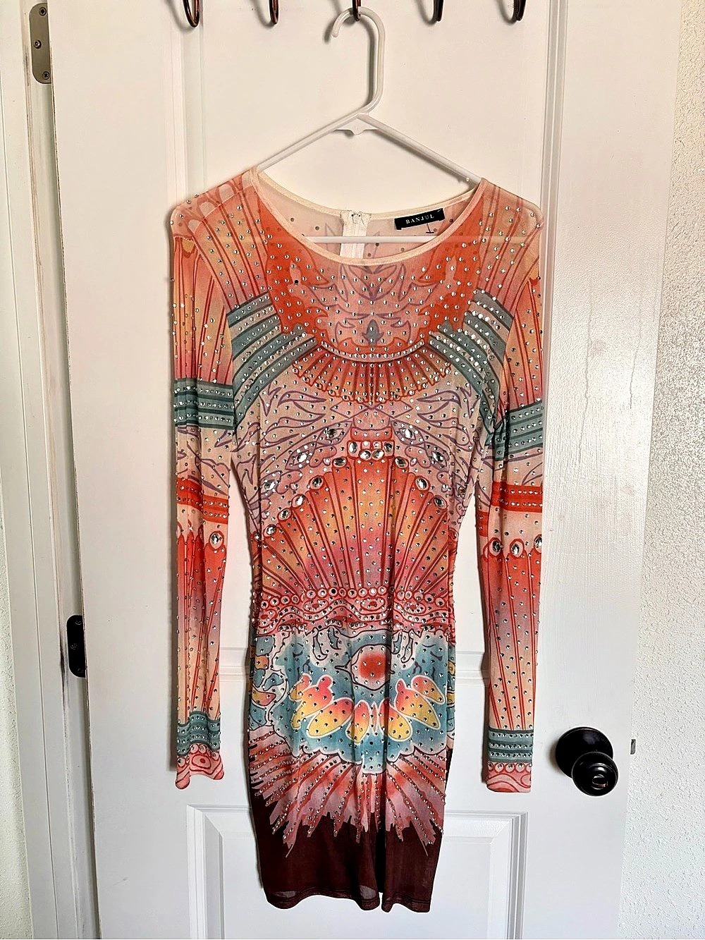 Embellished Long Sleeve Mini Dress in Orange & Blue Like New